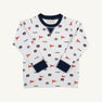 Dress your child in Auburn pride with the Auburn Cassidy Comfy Crewneck - Tiger Thrill with Auburn Blue by The Beaufort Bonnet Company. This cozy white sweatshirt features a navy blue collar and cuffs, and is playfully decorated with scattered Auburn University logos, tiger mascots, orange pennants, and the word “TIGERS” in an all-over pattern—perfect for showing off that true Auburn Blue spirit.