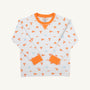 The Beaufort Bonnet Company’s Tennessee Cassidy Comfy Crewneck - Victory in Orange with Tennessee Orange is a white long-sleeve kids’ shirt accented with orange cuffs, collar, and hem. It showcases an all-over University of Tennessee themed print featuring orange T logos, pennants, “VOLS” text, and blue Smokey dog icons—making it a playful and spirited crewneck for young Vols fans.