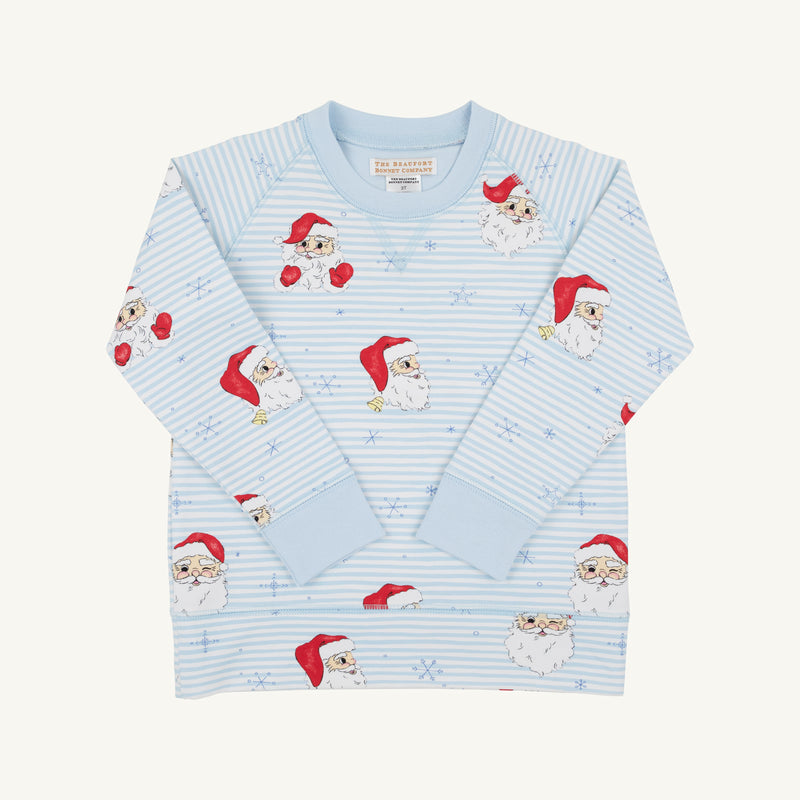Cassidy Comfy Crewneck - Dear Santa (Buckhead Blue Stripe) boys holiday top in light blue and white stripes with a crewneck, long sleeves, and a pattern of Santa Claus faces and small snowflakes.