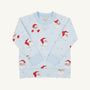 Cassidy Comfy Crewneck - Dear Santa (Buckhead Blue Stripe) boys holiday top in light blue and white stripes with a crewneck, long sleeves, and a pattern of Santa Claus faces and small snowflakes.