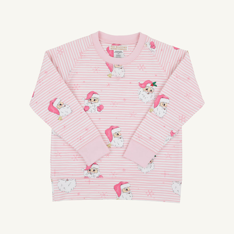 Cassidy Comfy Crewneck - Dear Santa (Palm Beach Pink Stripe) holiday sweater in Palm Beach Pink and white stripes with a repeating pattern of Santa Claus and small snowflakes.