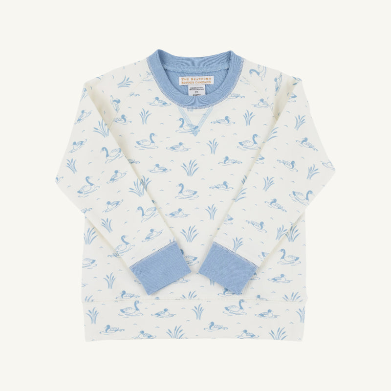 Cassidy Comfy Crewneck - Quack Quack Honk (Palmetto Pearl) with Barrington Blue