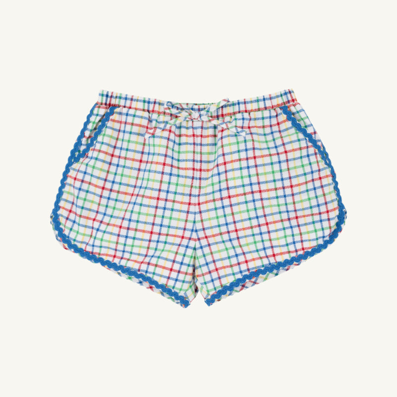 Cheryl Shorts - Kindness Wins Windowpane with Wood Boat Blue Ricrac Trim
