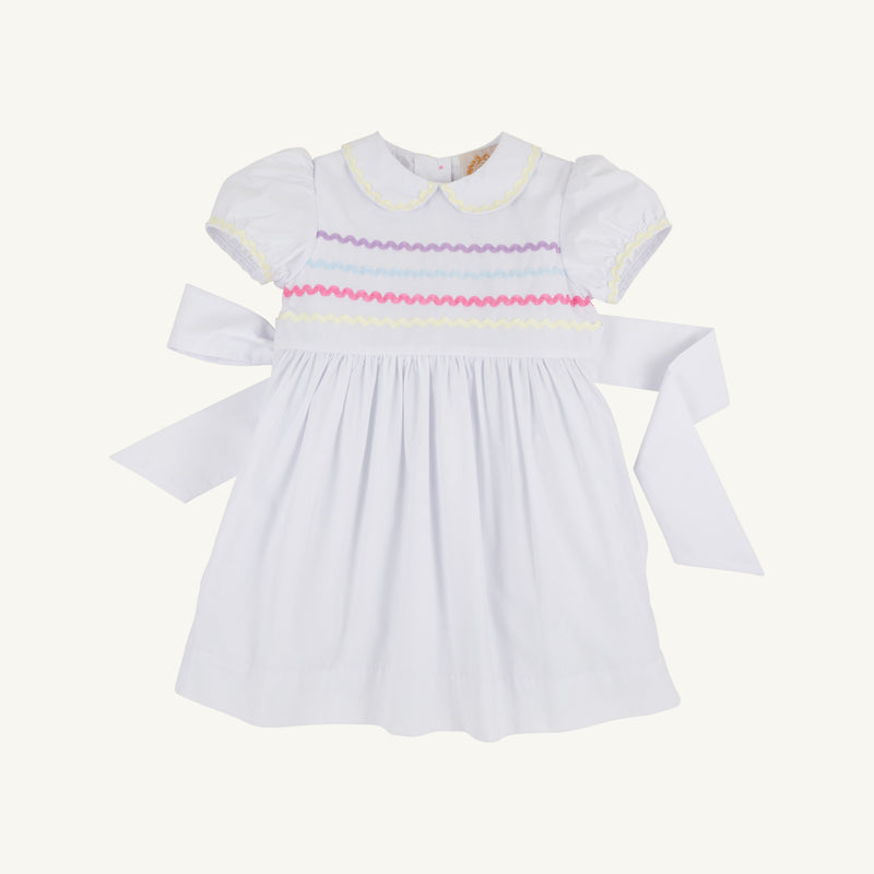 Cindy Lou Sash Dress - Worth Avenue White with Multicolor Ric Rac