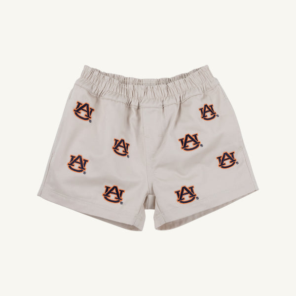 Auburn Critter Sheffield Shorts in Saratoga Stone by The Beaufort Bonnet Company, featuring multiple embroidered Auburn University logos in orange and navy blue on a plain white background. Ideal as kids’ gameday shorts or classic Auburn logo shorts.
