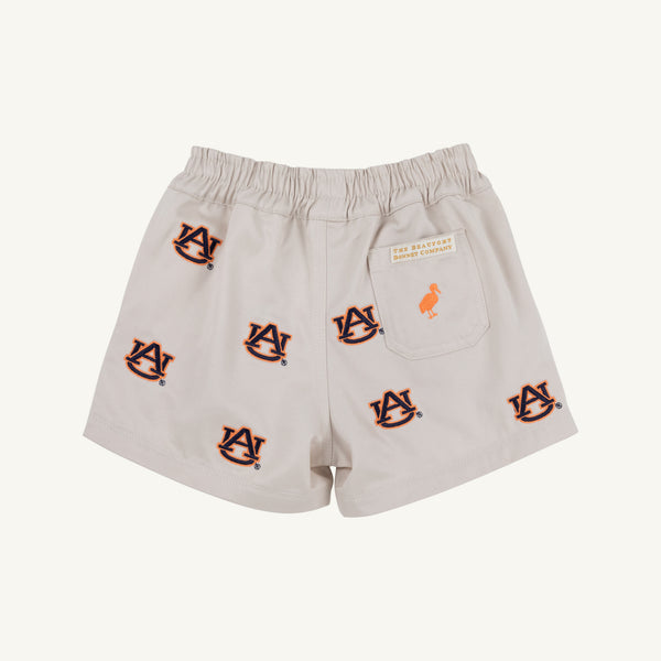 Auburn Critter Sheffield Shorts in Saratoga Stone by The Beaufort Bonnet Company feature an elastic waistband, repeated orange and navy blue Auburn University AU logos, and a small patch with text and an orange bird above the back pocket.