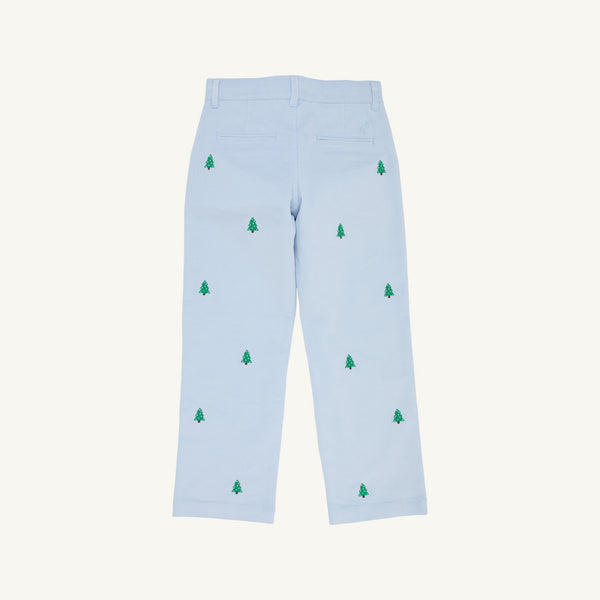 The Beaufort Bonnet Company Critter Prep School Pant in Buckhead Blue Corduroy with Christmas Trees is shown from the back. These boys’ holiday pants feature embroidered green Christmas trees scattered across the fabric, two back pockets, and a straight-leg fit.