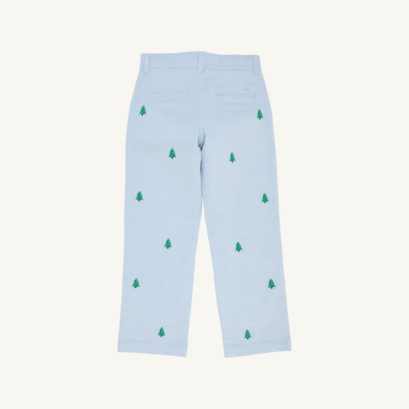 The Beaufort Bonnet Company Critter Prep School Pant in Buckhead Blue Corduroy with Christmas Trees is shown from the back. These boys’ holiday pants feature embroidered green Christmas trees scattered across the fabric, two back pockets, and a straight-leg fit.