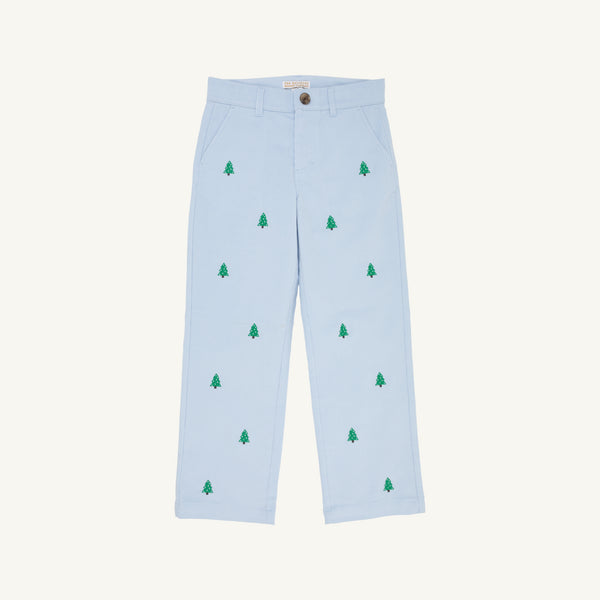 The Beaufort Bonnet Company Critter Prep School Pant in Buckhead Blue Corduroy features green embroidered Christmas trees scattered across the fabric. Shown on a plain white background, these boys’ holiday pants include a button and zip closure with front pockets.