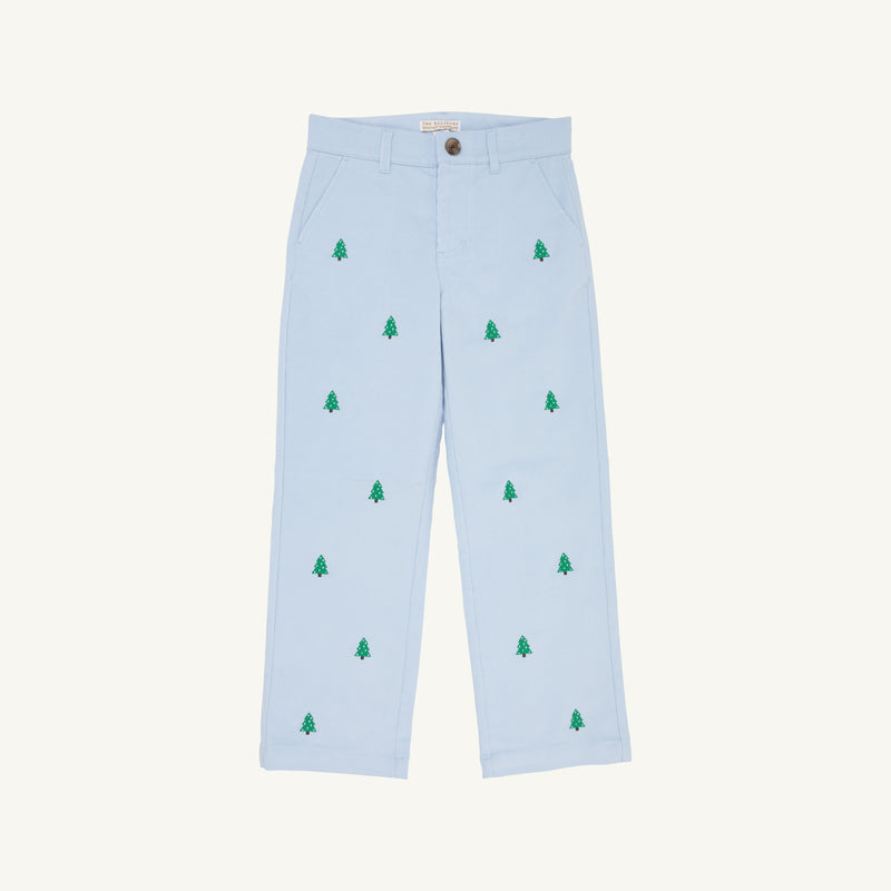 The Beaufort Bonnet Company Critter Prep School Pant in Buckhead Blue Corduroy features green embroidered Christmas trees scattered across the fabric. Shown on a plain white background, these boys’ holiday pants include a button and zip closure with front pockets.