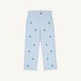 The Beaufort Bonnet Company Critter Prep School Pant in Buckhead Blue Corduroy features green embroidered Christmas trees scattered across the fabric. Shown on a plain white background, these boys’ holiday pants include a button and zip closure with front pockets.
