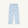 The Beaufort Bonnet Company Critter Prep School Pant in Buckhead Blue Corduroy features green embroidered Christmas trees scattered across the fabric. Shown on a plain white background, these boys’ holiday pants include a button and zip closure with front pockets.