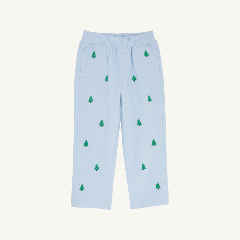 The Beaufort Bonnet Company Critter Sheffield Pants in Buckhead Blue Corduroy feature an elastic waistband and two pockets, and are adorned with small green embroidered Christmas trees evenly spaced across the fabric.
