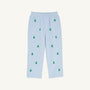 The Beaufort Bonnet Company Critter Sheffield Pants in Buckhead Blue Corduroy feature an elastic waistband and two pockets, and are adorned with small green embroidered Christmas trees evenly spaced across the fabric.