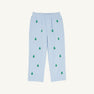 The Beaufort Bonnet Company Critter Sheffield Pants in Buckhead Blue Corduroy feature an elastic waistband and two pockets, and are adorned with small green embroidered Christmas trees evenly spaced across the fabric.