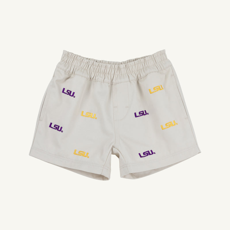 Show your Tiger pride with the LSU Critter Sheffield Shorts in Saratoga Stone by The Beaufort Bonnet Company. These comfortable shorts feature an elastic waistband and are adorned with purple and gold LSU logos scattered across the fabric—perfect gameday attire for any fan.