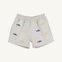 Show your Tiger pride with the LSU Critter Sheffield Shorts in Saratoga Stone by The Beaufort Bonnet Company. These comfortable shorts feature an elastic waistband and are adorned with purple and gold LSU logos scattered across the fabric—perfect gameday attire for any fan.