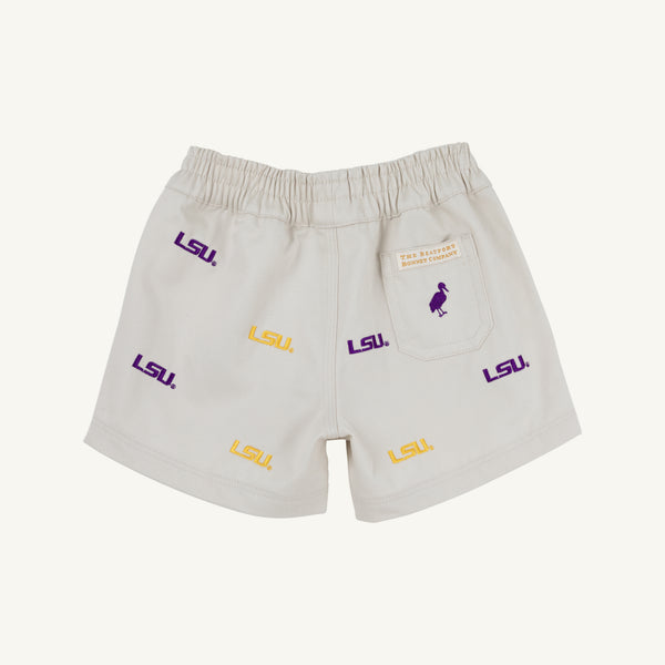 LSU Critter Sheffield Shorts - Saratoga Stone by The Beaufort Bonnet Company feature purple and gold LSU logos printed all over, plus a small patch above the back pocket with a pelican graphic and “The PARKS Project” text—perfect gameday shorts for any fan.