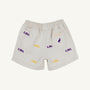 LSU Critter Sheffield Shorts - Saratoga Stone by The Beaufort Bonnet Company feature purple and gold LSU logos printed all over, plus a small patch above the back pocket with a pelican graphic and “The PARKS Project” text—perfect gameday shorts for any fan.