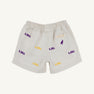 LSU Critter Sheffield Shorts - Saratoga Stone by The Beaufort Bonnet Company feature purple and gold LSU logos printed all over, plus a small patch above the back pocket with a pelican graphic and “The PARKS Project” text—perfect gameday shorts for any fan.