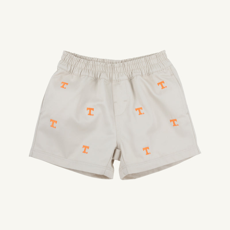 Tennessee Critter Sheffield Shorts in Saratoga Stone by The Beaufort Bonnet Company feature an elastic waistband, are made from 100% cotton, and display an all-over pattern of small orange Tennessee logo embroidery.