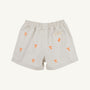 The Beaufort Bonnet Company’s Tennessee Critter Sheffield Shorts in Saratoga Stone feature an elastic waistband, orange T logo embroidery, and a back pocket detailed with a small orange bird and stitched label. Crafted from 100% cotton, these light-colored shorts are shown laying flat on a neutral background.
