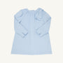 The Dani Dress - Buckhead Blue Corduroy from The Beaufort Bonnet Company is a light blue, long-sleeve holiday dress for children. It features a round neckline, a decorative bow on one shoulder, and simple cuffs. With its loose, comfortable fit, the dress is displayed laid flat on a plain white background.