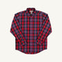 A Dean’s List Dress Shirt by The Beaufort Bonnet Company, featuring a Bucktown Tartan plaid pattern accented with a Richmond Red Stork, laid flat on a white background. This long-sleeve button-up shirt with collar and cuffs offers classic style with festive flair—perfect for holiday gatherings.