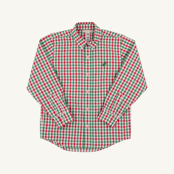 The Dean’s List Dress Shirt - Richmond Red & Kiawah Kelly Green Gingham by The Beaufort Bonnet Company is a boys’ long-sleeve button-up shirt featuring a red, green, and white plaid pattern, a classic collar, and a small dark logo on the left chest.