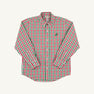 The Dean’s List Dress Shirt - Richmond Red & Kiawah Kelly Green Gingham by The Beaufort Bonnet Company is a boys’ long-sleeve button-up shirt featuring a red, green, and white plaid pattern, a classic collar, and a small dark logo on the left chest.