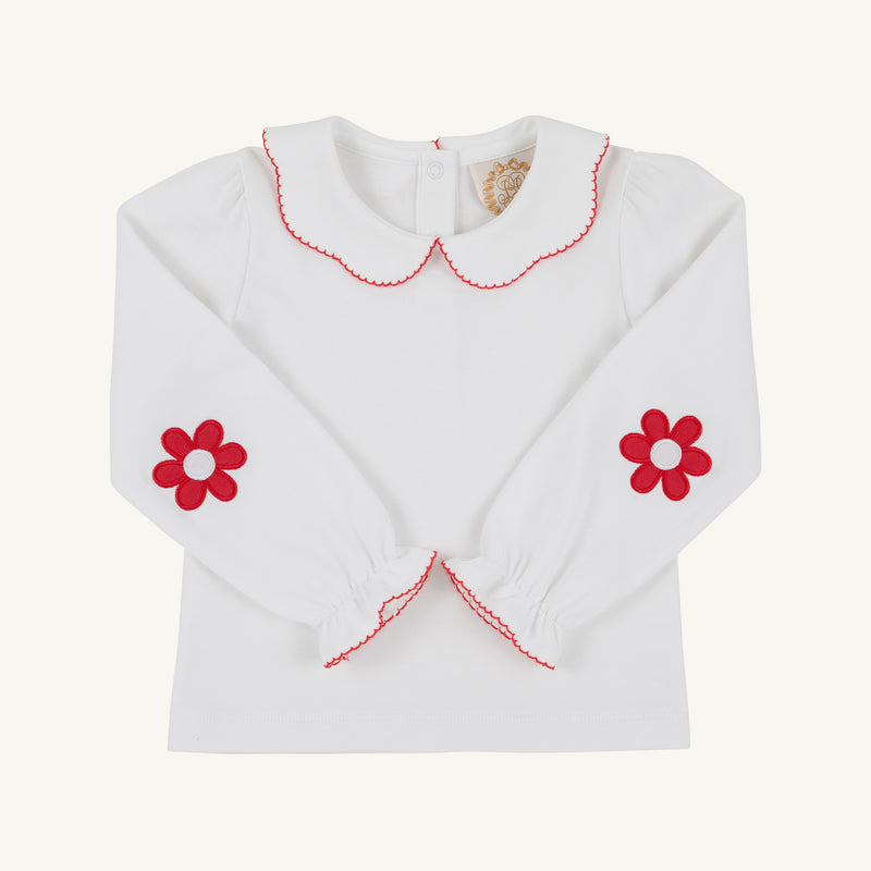 Emma’s Elbow Patch Top - Worth Avenue White with Richmond Red Flowers: a white Pima cotton long-sleeved top with a Peter Pan collar, red flower elbow patches, and red scalloped trim.