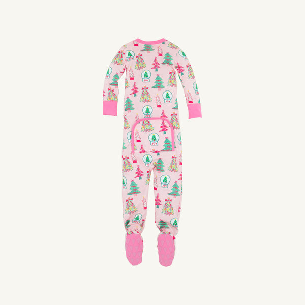 Fallon Footie Pajamas - Christmas Coloring Contest with Winter Park Pink, featuring a repeating print of Christmas trees and snow globes with the word JOY on pink cotton.