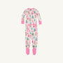 Fallon Footie Pajamas - Christmas Coloring Contest with Winter Park Pink, featuring a repeating print of Christmas trees and snow globes with the word JOY on pink cotton.