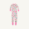 Fallon Footie Pajamas - Christmas Coloring Contest with Winter Park Pink, featuring a repeating print of Christmas trees and snow globes with the word JOY on pink cotton.