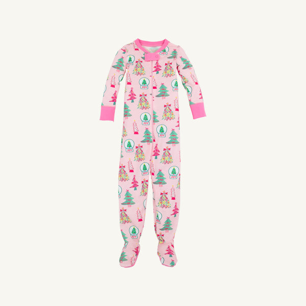 Fallon Footie Pajamas - Christmas Coloring Contest with Winter Park Pink, featuring a repeating pattern of colorful Christmas trees and snow globes labeled JOY.