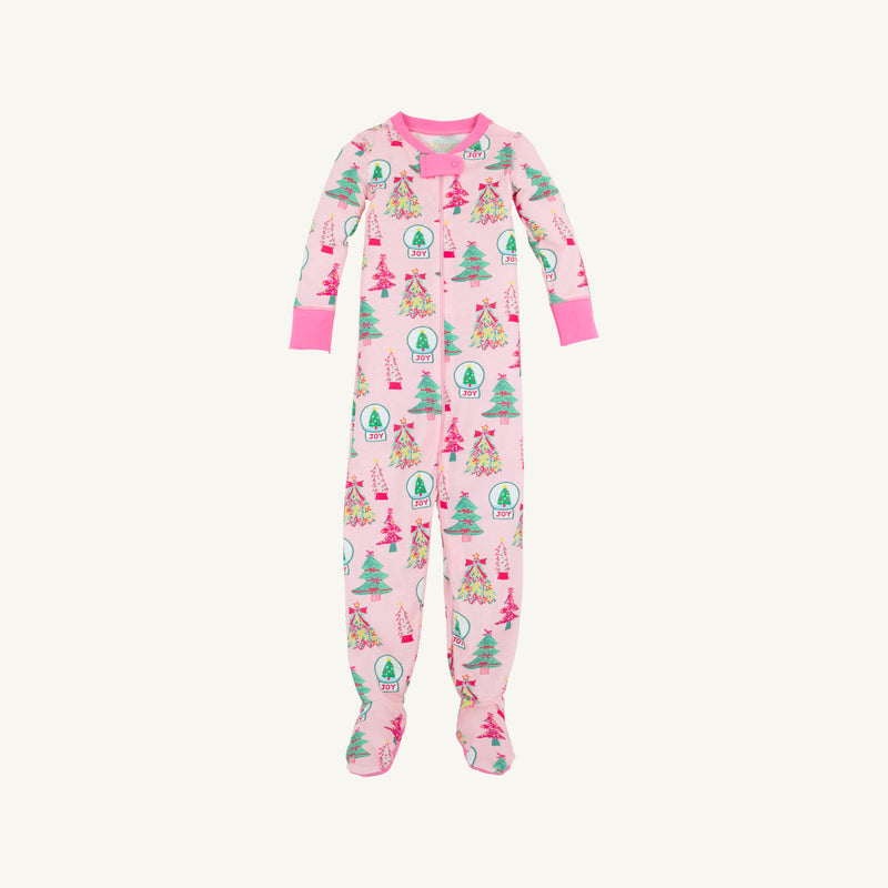 Fallon Footie Pajamas - Christmas Coloring Contest with Winter Park Pink, featuring a repeating pattern of colorful Christmas trees and snow globes labeled JOY.