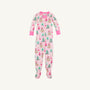 Fallon Footie Pajamas - Christmas Coloring Contest with Winter Park Pink, featuring a repeating pattern of colorful Christmas trees and snow globes labeled JOY.