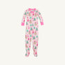 Fallon Footie Pajamas - Christmas Coloring Contest with Winter Park Pink, featuring a repeating pattern of colorful Christmas trees and snow globes labeled JOY.
