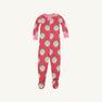 Fallon Footie Pajama - Distinguished Doggies in red and white striped cotton jersey knit featuring a repeating pattern of dogs in circular green wreaths.