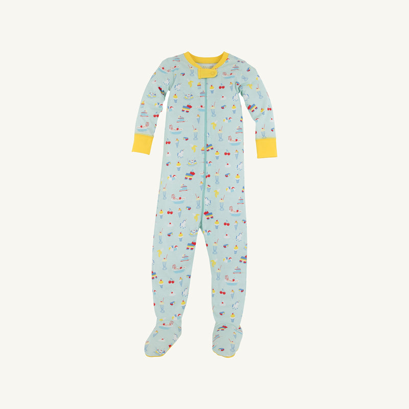 The Beaufort Bonnet Company Fallon Footie Pajamas - Ice Cream Daydream (Blueberry Blue) with Nana Banana feature light blue, long-sleeve cotton jersey fabric with cheerful yellow cuffs and collar, decorated with whimsical ice cream-themed prints, displayed on a plain white background.