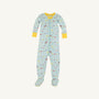 The Beaufort Bonnet Company Fallon Footie Pajamas - Ice Cream Daydream (Blueberry Blue) with Nana Banana feature light blue, long-sleeve cotton jersey fabric with cheerful yellow cuffs and collar, decorated with whimsical ice cream-themed prints, displayed on a plain white background.