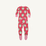 Fallon Footie Pajama - Distinguished Doggies in cotton jersey knit with long sleeves, red and pink vertical stripes, and a repeating print of dogs in circular frames.