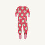 Fallon Footie Pajama - Distinguished Doggies in cotton jersey knit with long sleeves, red and pink vertical stripes, and a repeating print of dogs in circular frames.