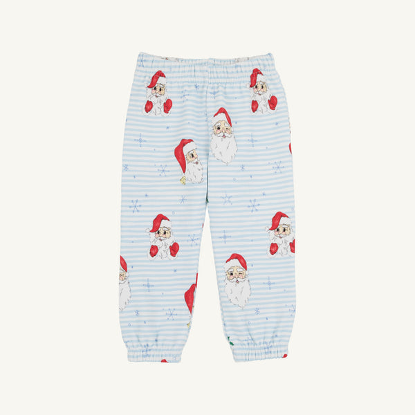 Gates Sweeney Sweatpants - Dear Santa (Buckhead Blue Stripe) in light blue and white stripes featuring a print of Santa Claus faces and small snowflakes.