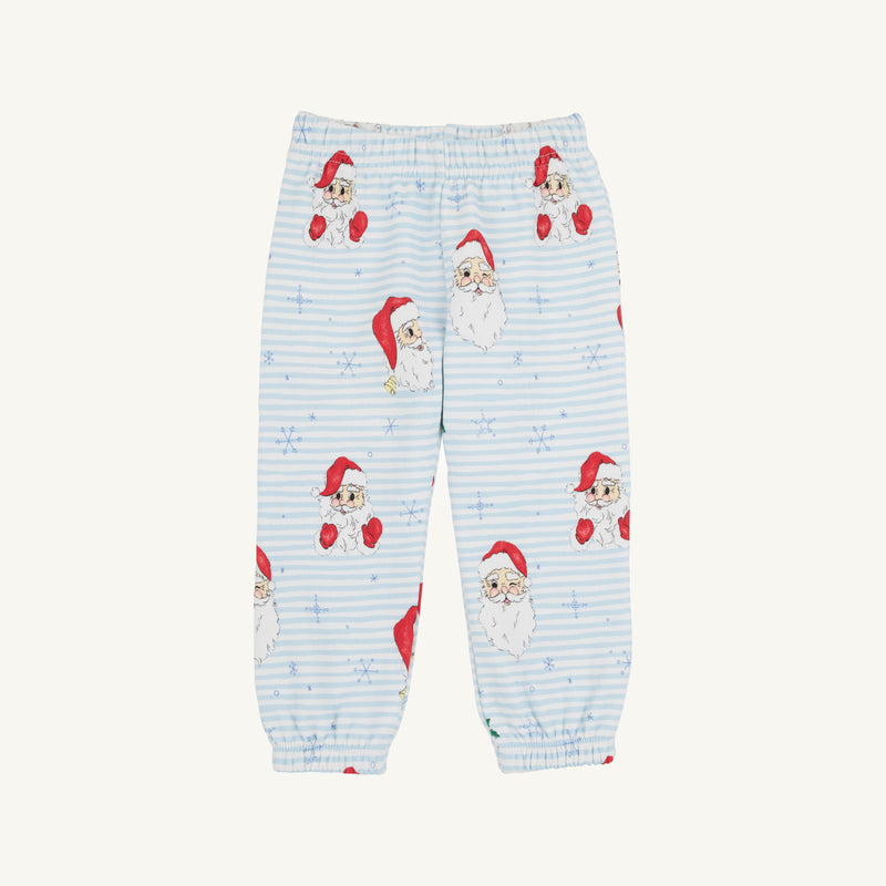 Gates Sweeney Sweatpants - Dear Santa (Buckhead Blue Stripe) in light blue and white stripes featuring a print of Santa Claus faces and small snowflakes.