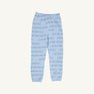 The Beaufort Bonnet Company Gates Sweeney Sweatpants - Blue Choo Choos for children, featuring an elastic waistband and cuffs with a subtle train pattern printed all over light blue fabric, displayed on a plain white background.