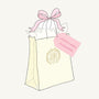 Cream-colored Happy Mystery Mail - Girls Hats Pack of 5 gift bag, tied with a pink ribbon and a tag that reads LITTLE LADIES accessories.