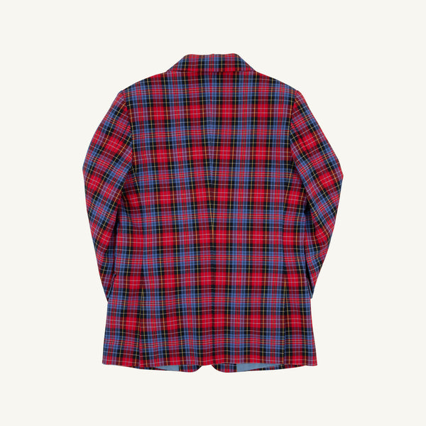 The Grandccasion™ Booker Blazer - Bucktown Tartan with Barrington Blue by The Beaufort Bonnet Company is a men’s blazer in vibrant Bucktown Tartan, highlighting a red plaid pattern accented with blue, green, and yellow stripes. Shown laid flat on a white background, the image displays the back side of the blazer.