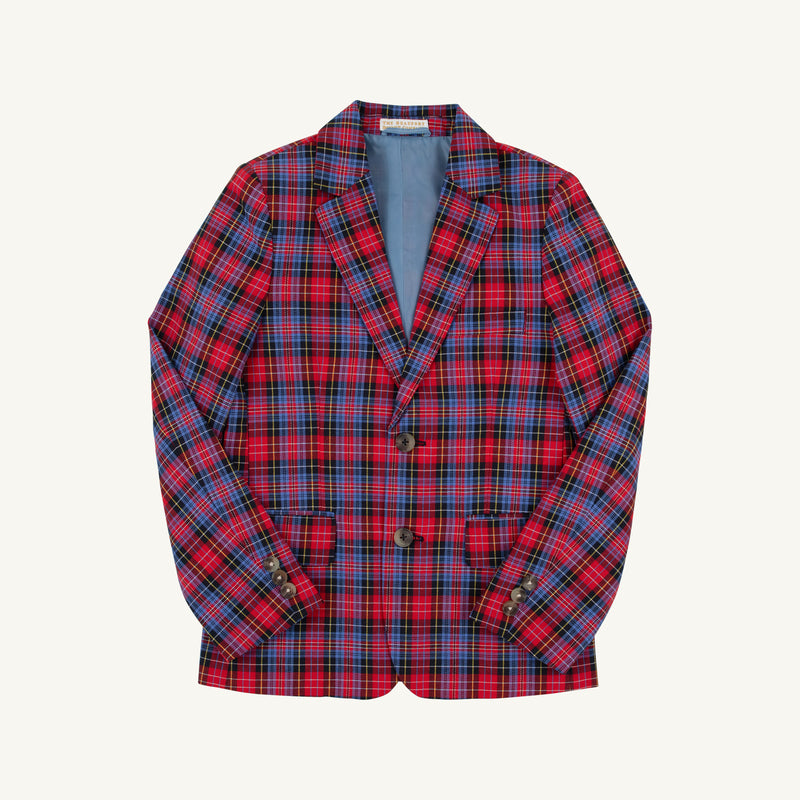 A Grandccasion™ Booker Blazer – Bucktown Tartan with Barrington Blue by The Beaufort Bonnet Company, featuring red and blue plaid with two buttons, two front pockets, and a light blue lining, is laid flat against a white background.