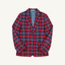A Grandccasion™ Booker Blazer – Bucktown Tartan with Barrington Blue by The Beaufort Bonnet Company, featuring red and blue plaid with two buttons, two front pockets, and a light blue lining, is laid flat against a white background.